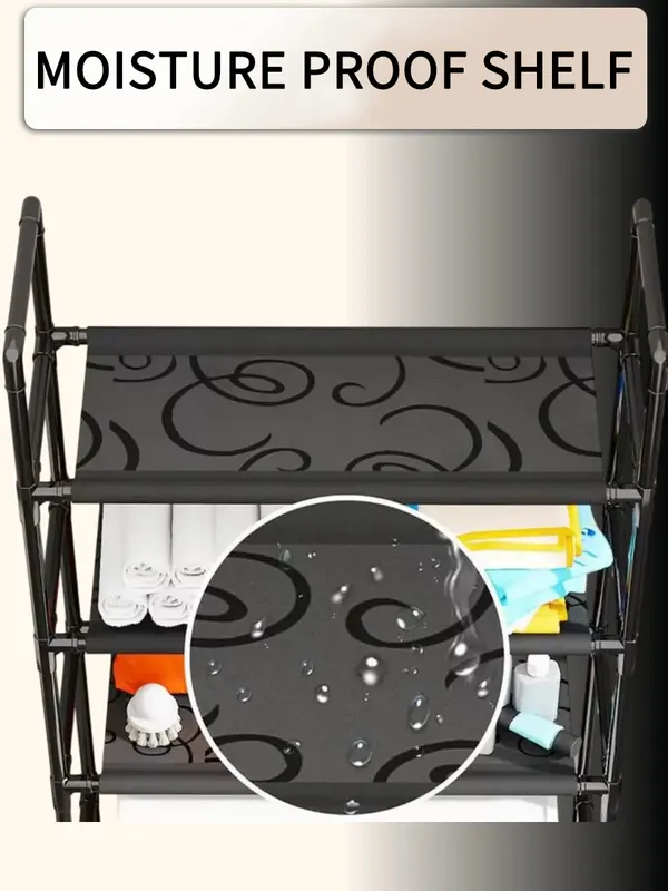 White floor-standing storage rack over a washing machine