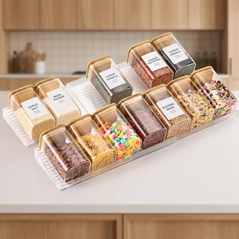 Clear adjustable spice drawer insert in a kitchen drawer