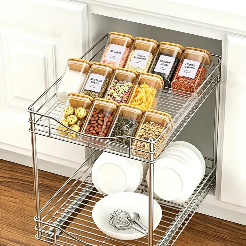 Clear adjustable spice drawer insert in a kitchen drawer