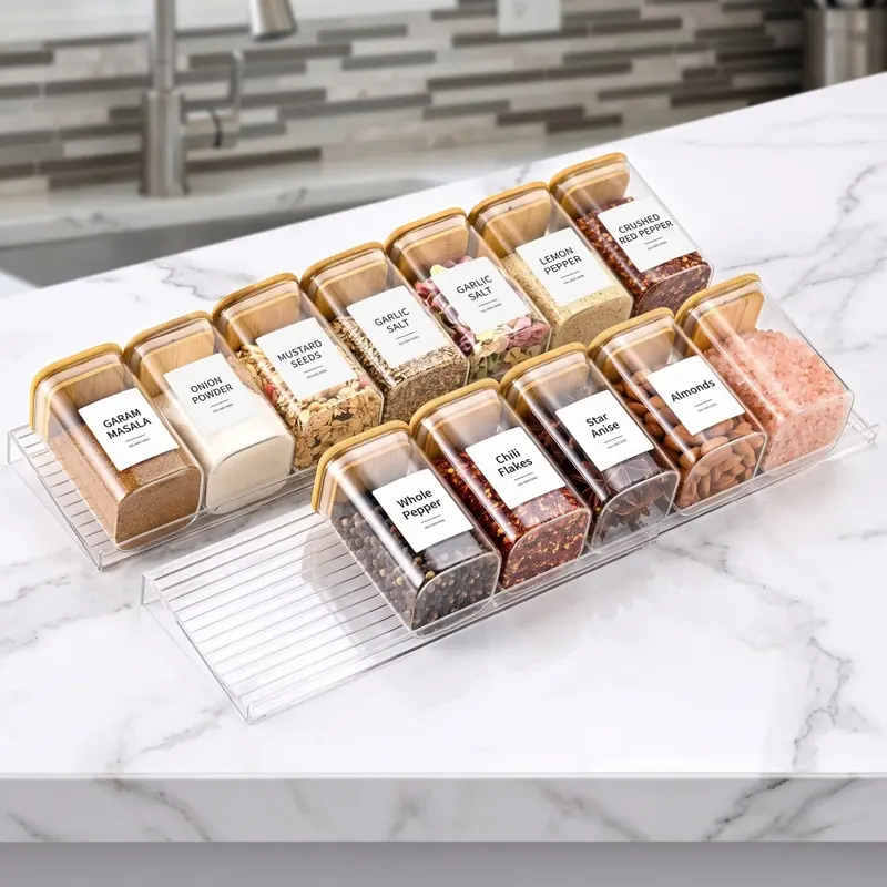 Expandable acrylic spice drawer organizer holding jars