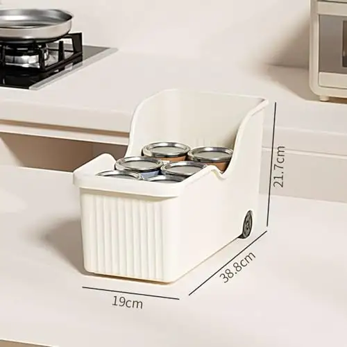 Beige plastic pull-out bins on wheels in an under-sink cabinet