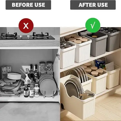 Beige plastic pull-out bins on wheels in an under-sink cabinet