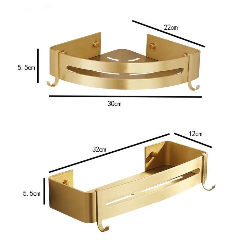 Brushed gold corner shelves holding shampoo bottles
