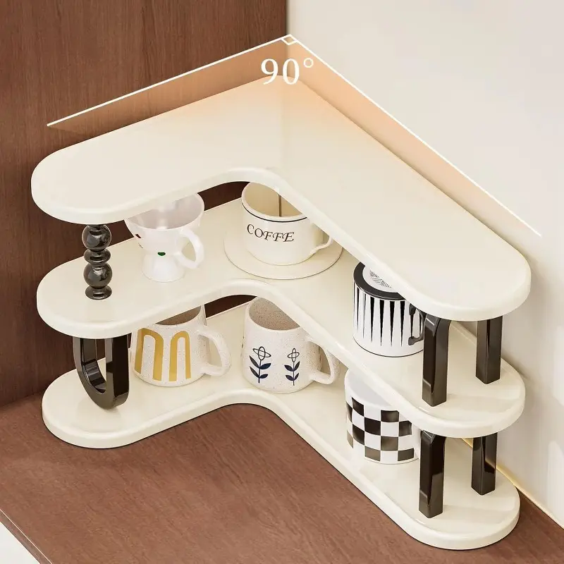 White curved three-tier shelf holding cups and coffee jars