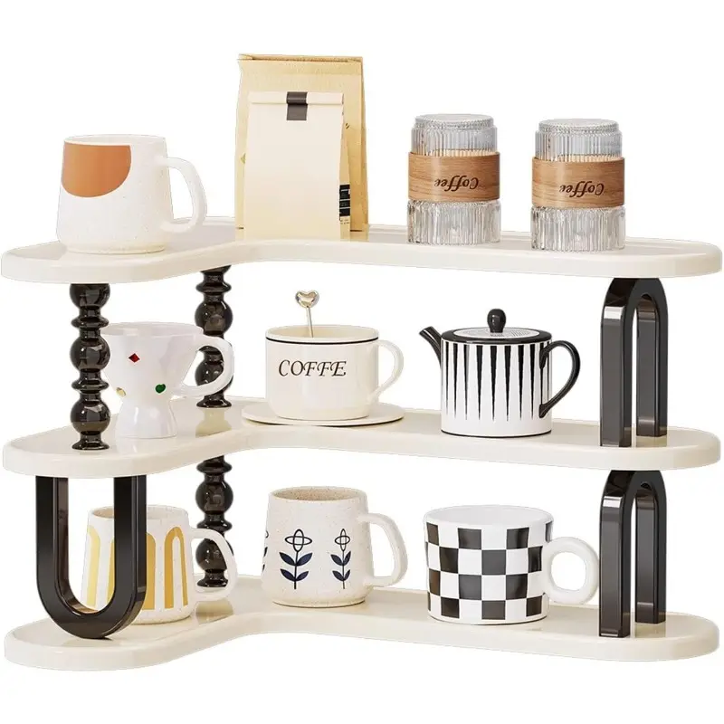 White curved three-tier shelf holding cups and coffee jars