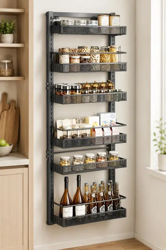 Black six-tier pantry rack hanging on a door with jars