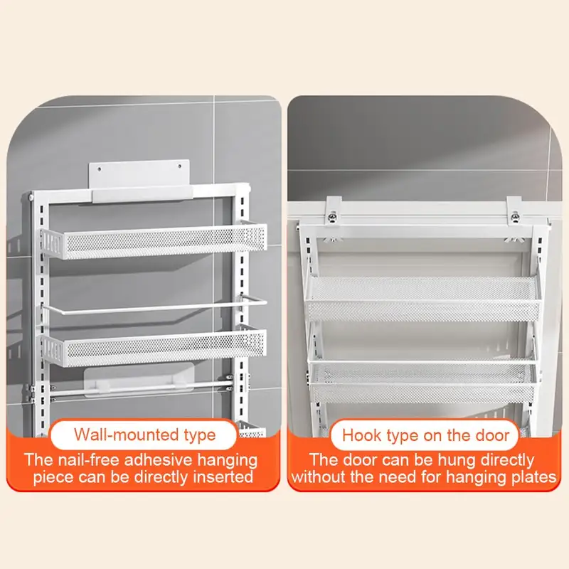 Black six-tier pantry rack hanging on a door with jars
