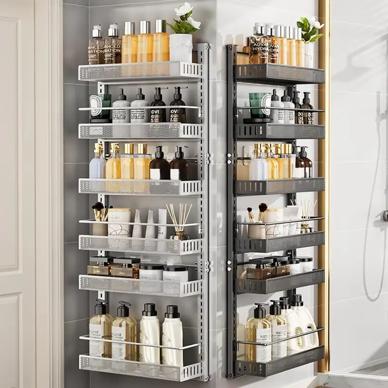 Black six-tier pantry rack hanging on a door with jars