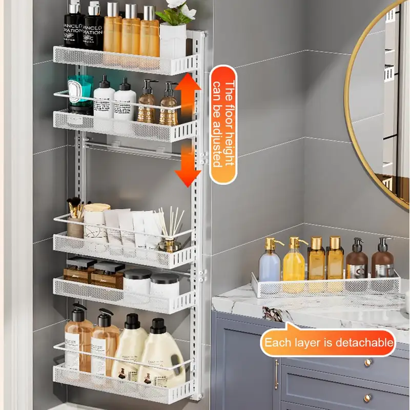 Black six-tier pantry rack hanging on a door with jars