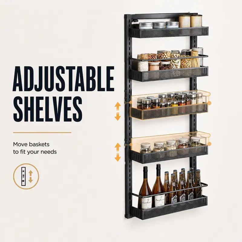 Black six-tier pantry rack hanging on a door with jars