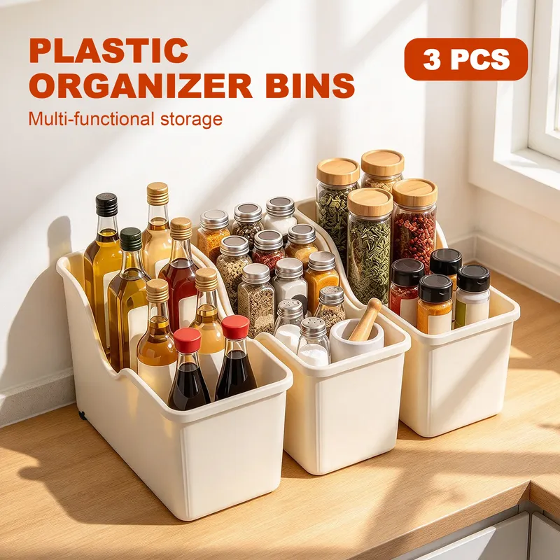 Plastic organizer bins with wheels on a kitchen shelf