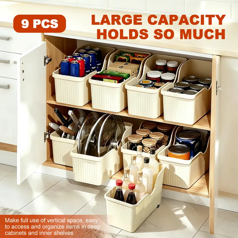 Plastic organizer bins with wheels on a kitchen shelf