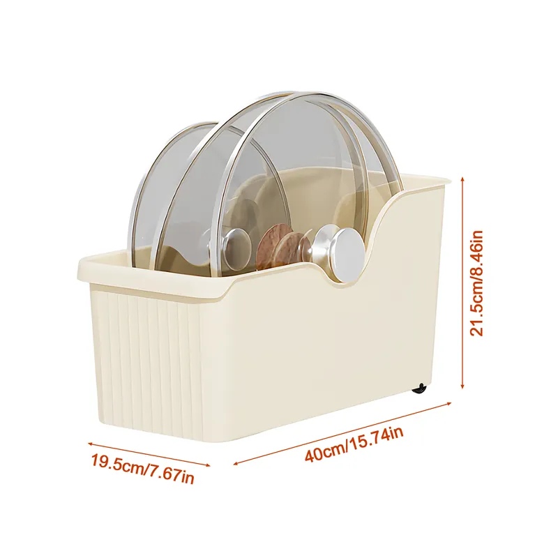 Plastic organizer bins with wheels on a kitchen shelf