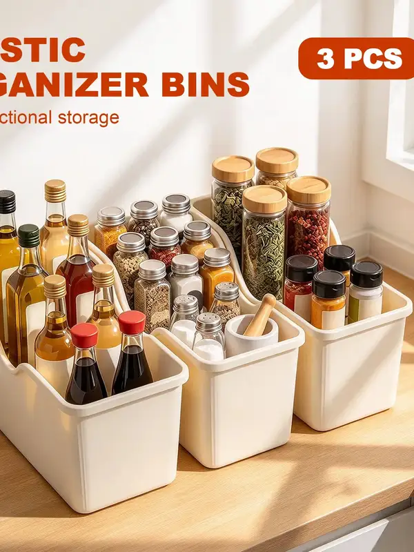 Plastic organizer bins with wheels on a kitchen shelf