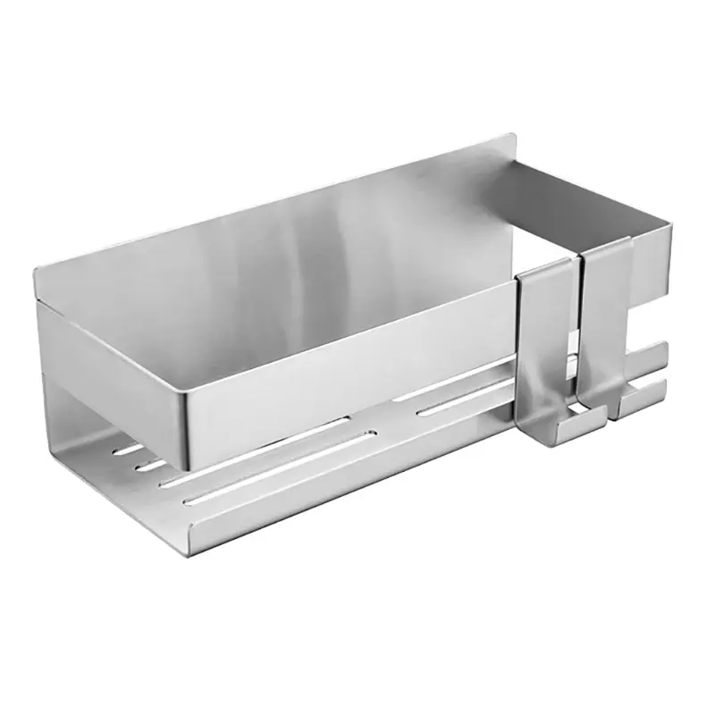Silver stainless steel shower basket with hooks on a wall