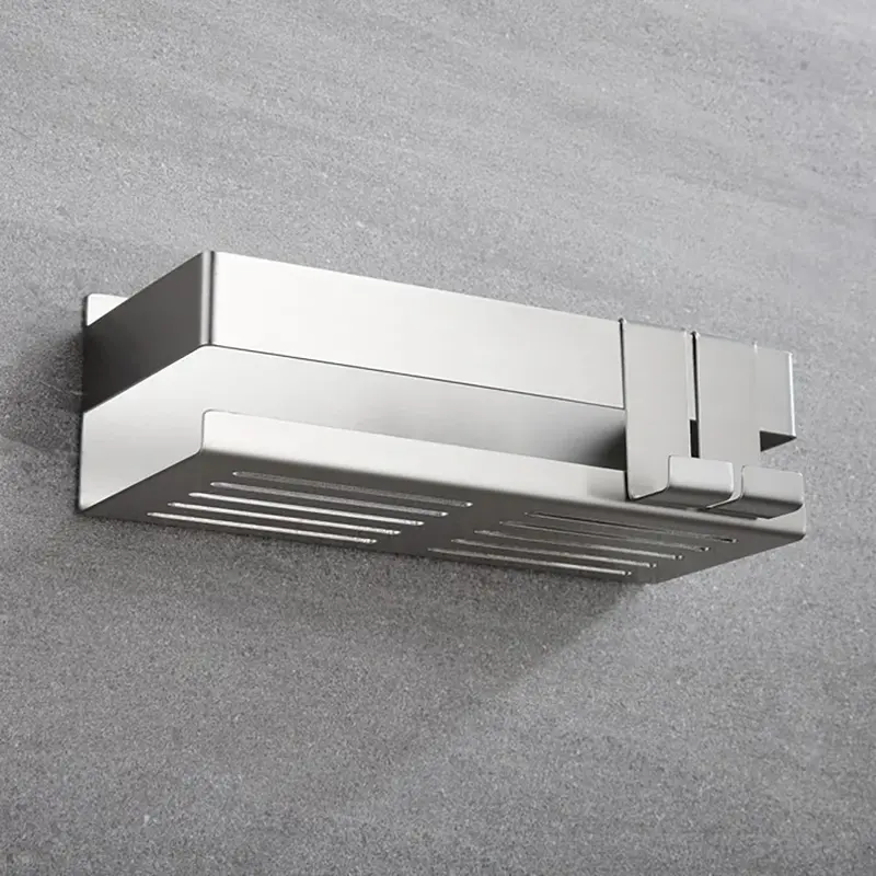 Silver stainless steel shower basket with hooks on a wall