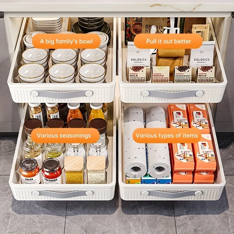 Large pull-out plastic basket in a kitchen cabinet