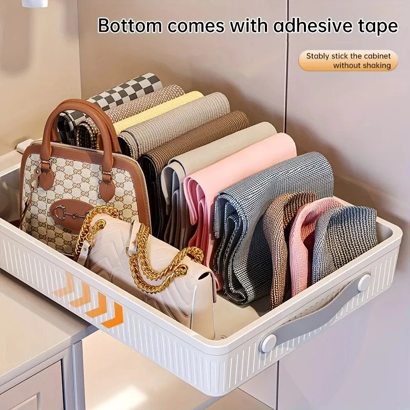 Large pull-out plastic basket in a kitchen cabinet
