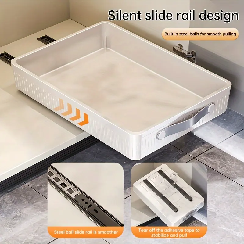Large pull-out plastic basket in a kitchen cabinet