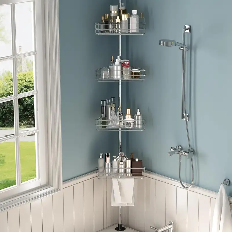 Four-tier tension pole corner shower caddy with wire baskets