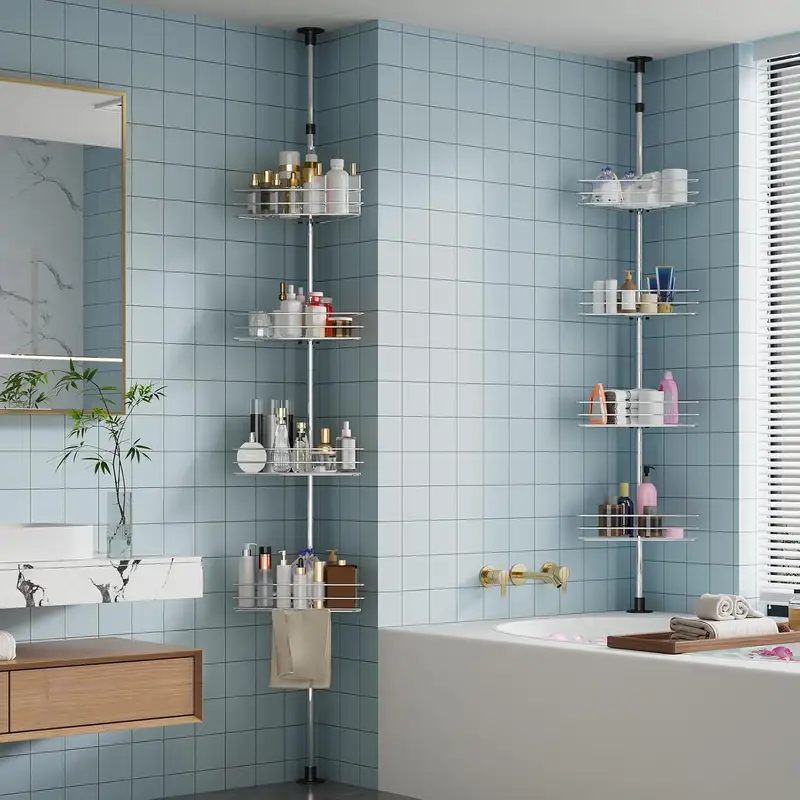 Four-tier tension pole corner shower caddy with wire baskets