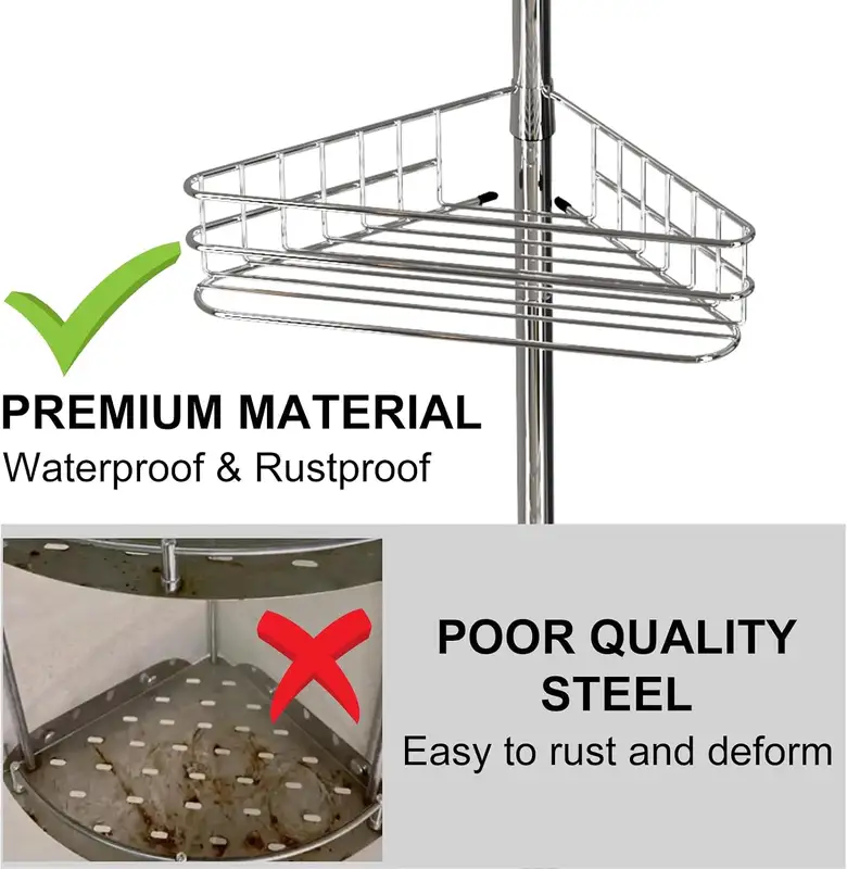 Four-tier tension pole corner shower caddy with wire baskets