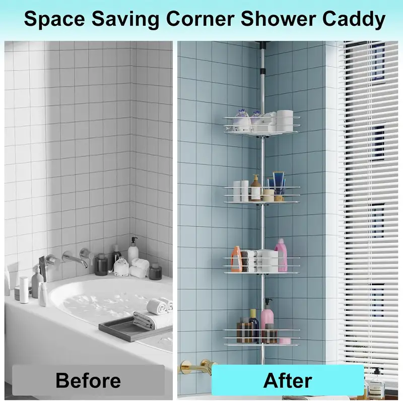 Four-tier tension pole corner shower caddy with wire baskets
