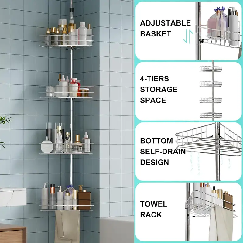 Four-tier tension pole corner shower caddy with wire baskets