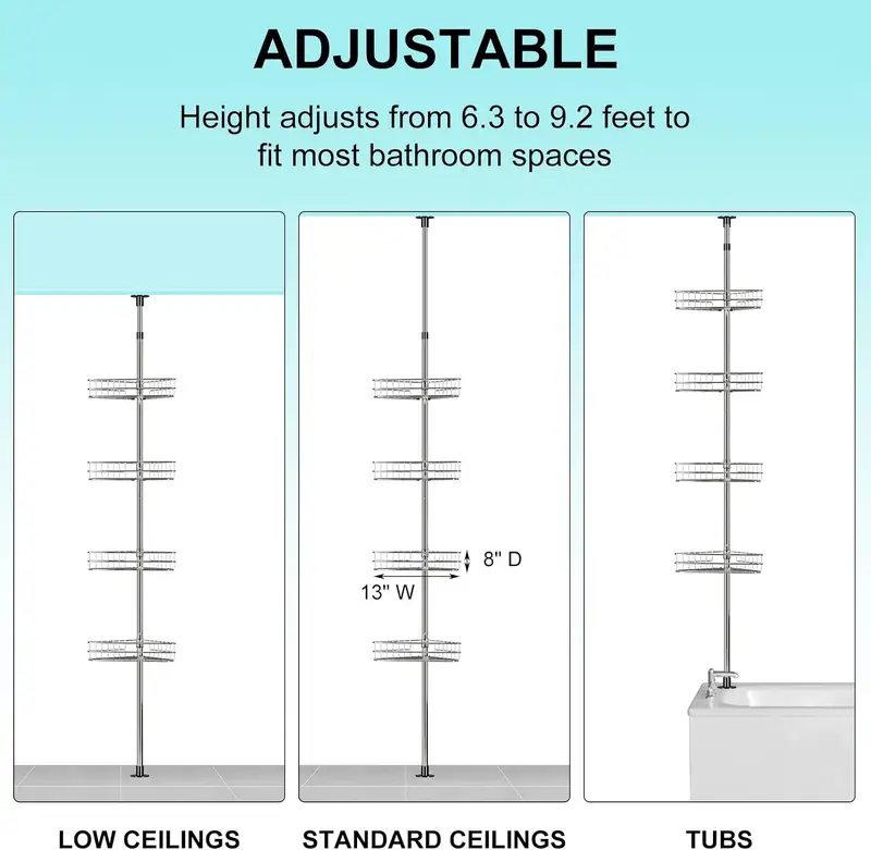 Four-tier tension pole corner shower caddy with wire baskets