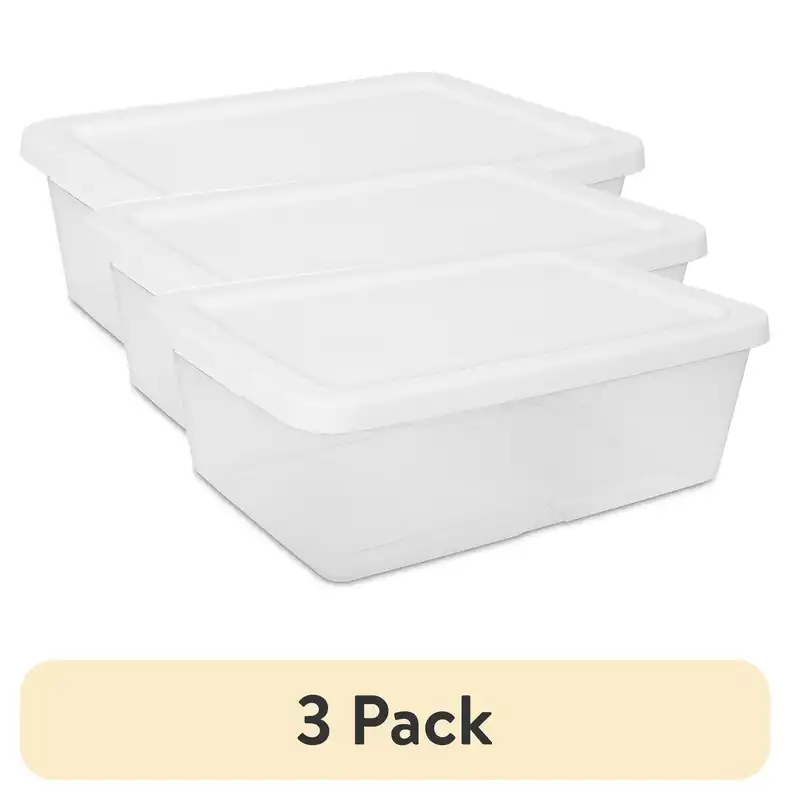 Three clear plastic storage bins with white snap-on lids