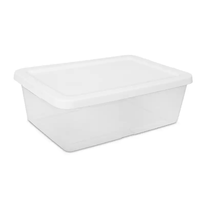 Three clear plastic storage bins with white snap-on lids