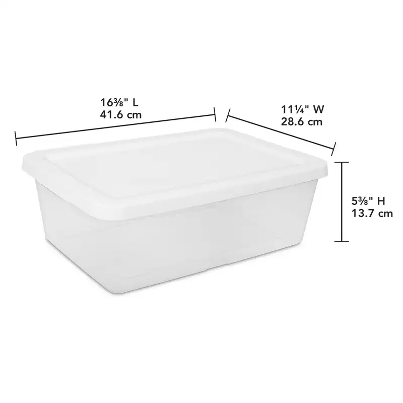 Three clear plastic storage bins with white snap-on lids