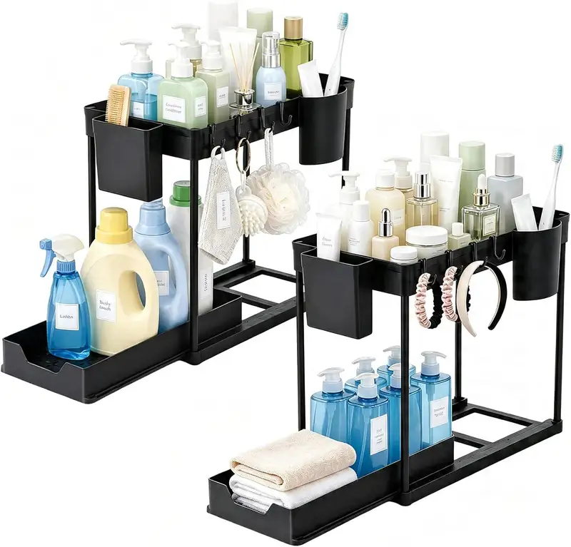 Two-tier sliding under sink organizer with hooks and a side cup