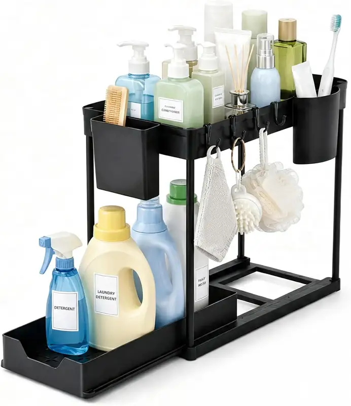 Two-tier sliding under sink organizer with hooks and a side cup