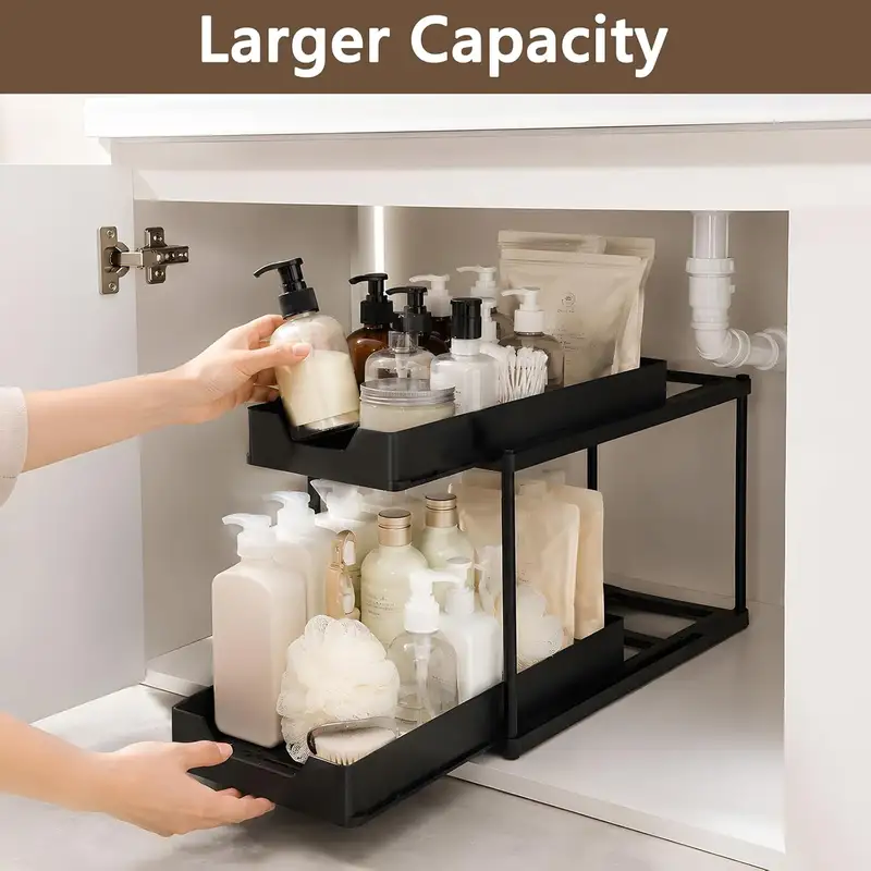 Two-tier sliding under sink organizer with hooks and a side cup
