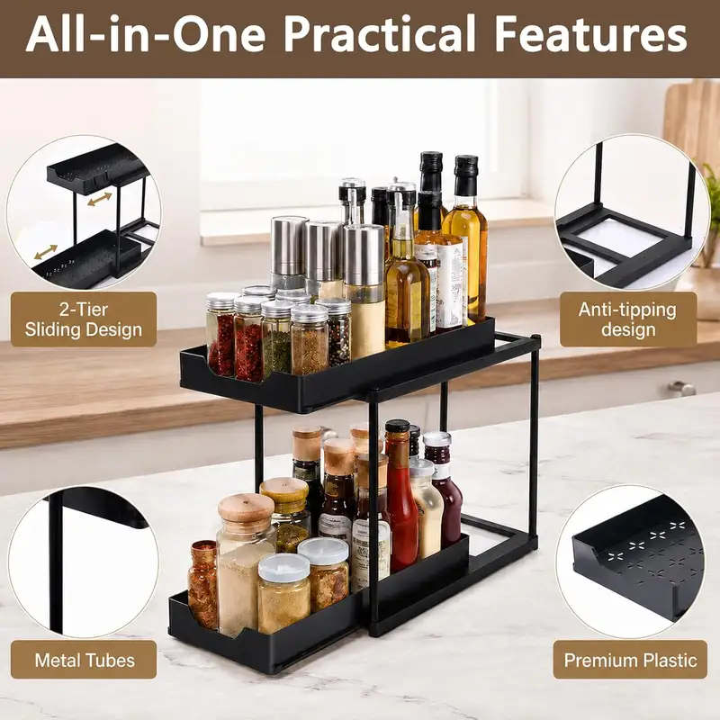 Two-tier sliding under sink organizer with hooks and a side cup