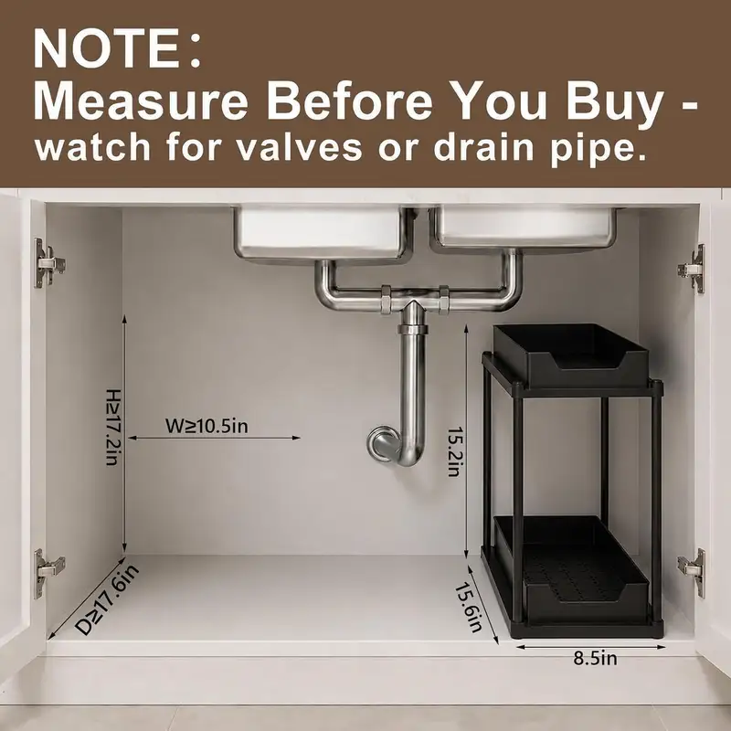 Two-tier sliding under sink organizer with hooks and a side cup