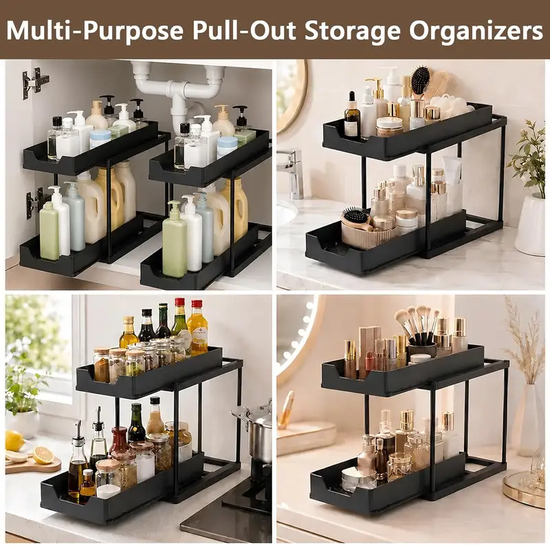 Two-tier sliding under sink organizer with hooks and a side cup