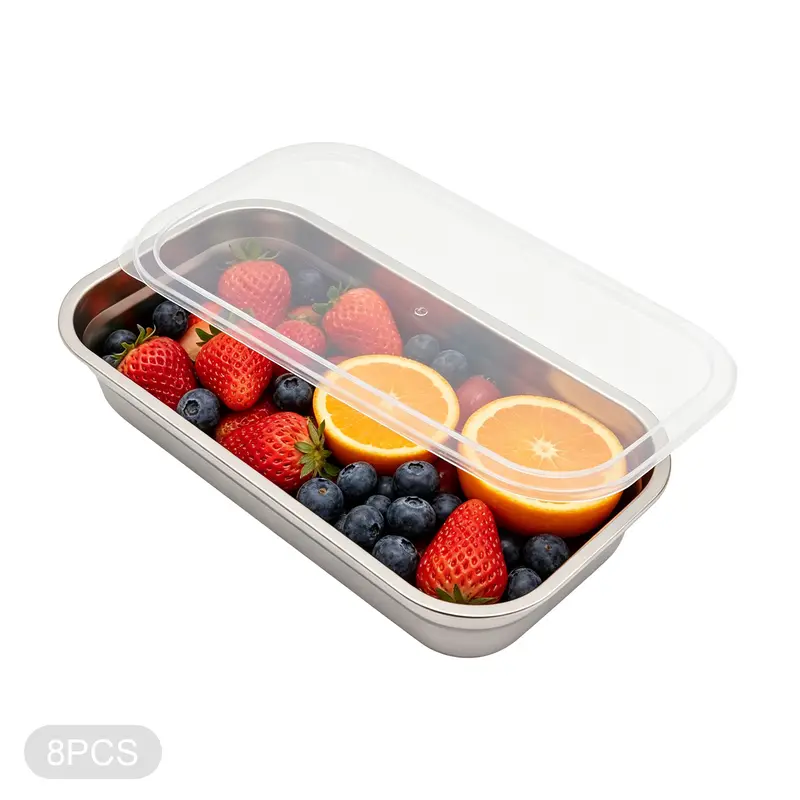 Rectangular stainless steel food containers with lids