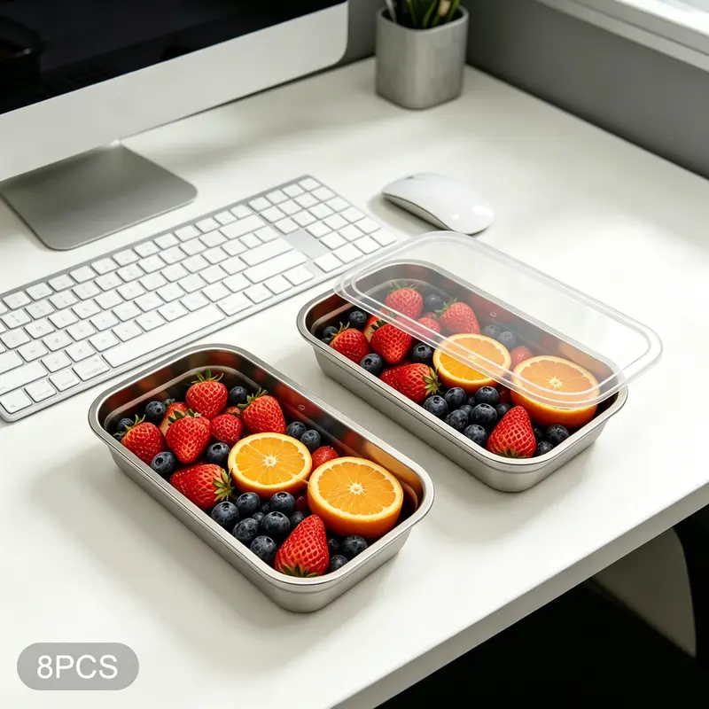 Rectangular stainless steel food containers with lids