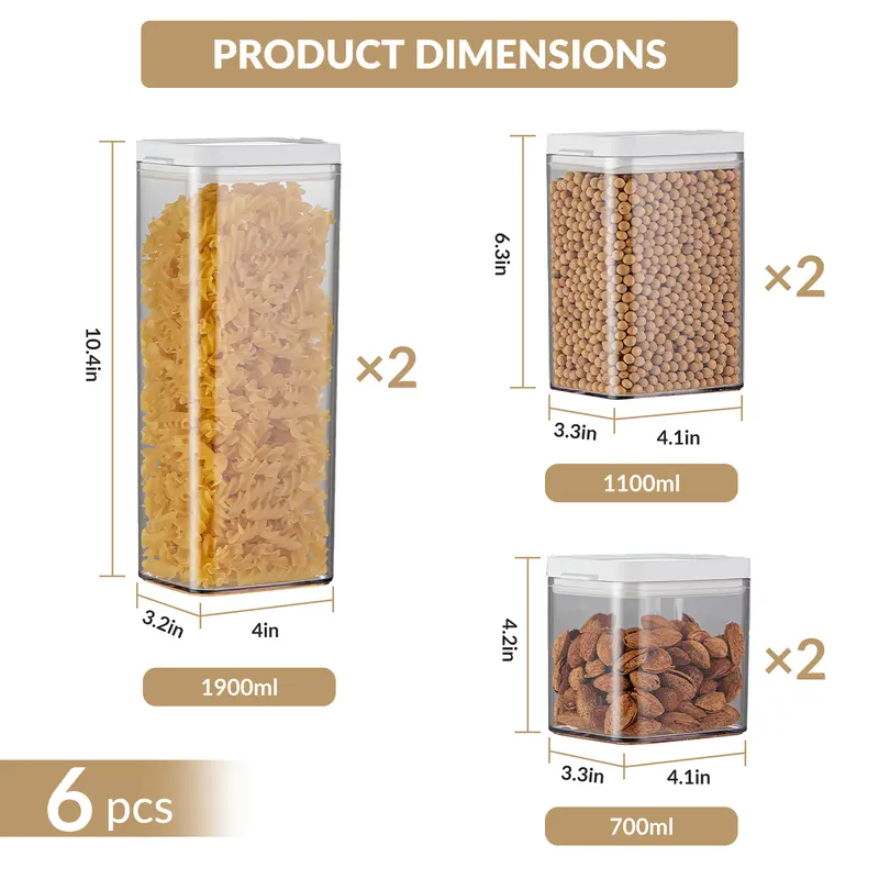 Six clear airtight pantry canisters with white lids holding dry food