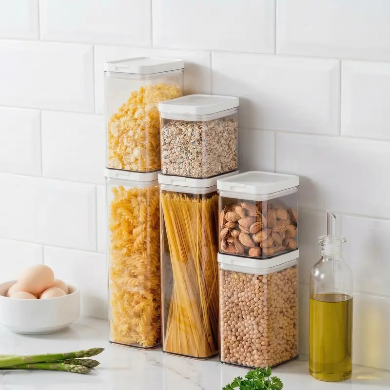 Six clear airtight pantry canisters with white lids holding dry food