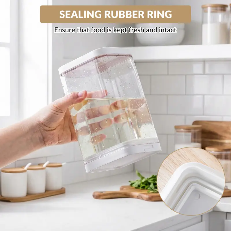 Six clear airtight pantry canisters with white lids holding dry food