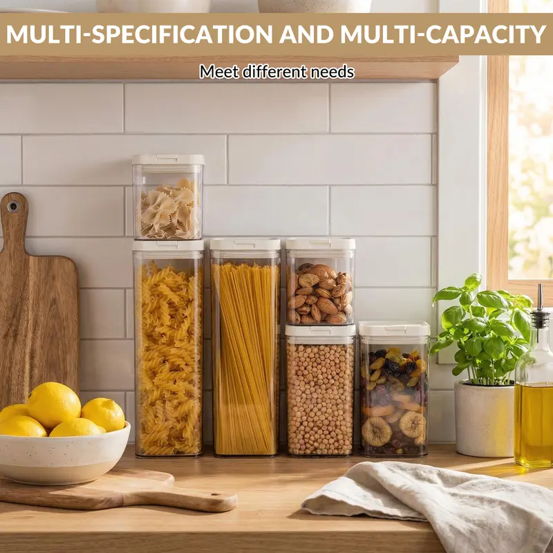 Six clear airtight pantry canisters with white lids holding dry food