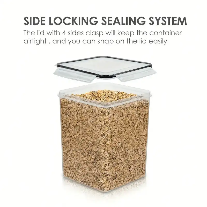 Four large airtight plastic flour containers with labels