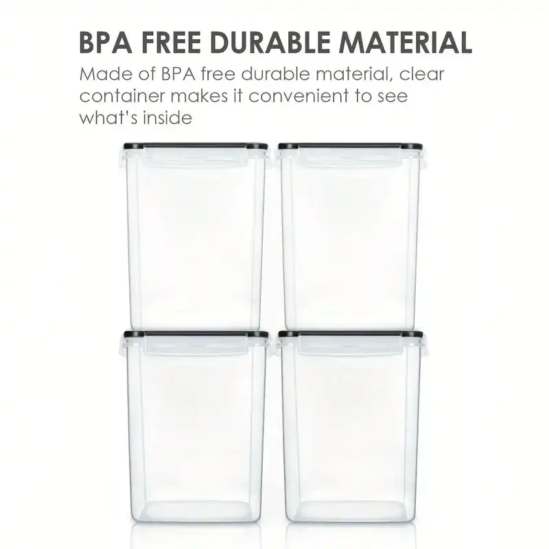 Four large airtight plastic flour containers with labels