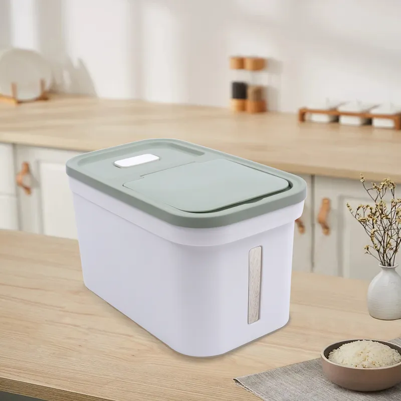 Rectangular rice storage container with a flap lid on a kitchen counter