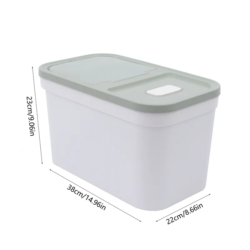 Rectangular rice storage container with a flap lid on a kitchen counter
