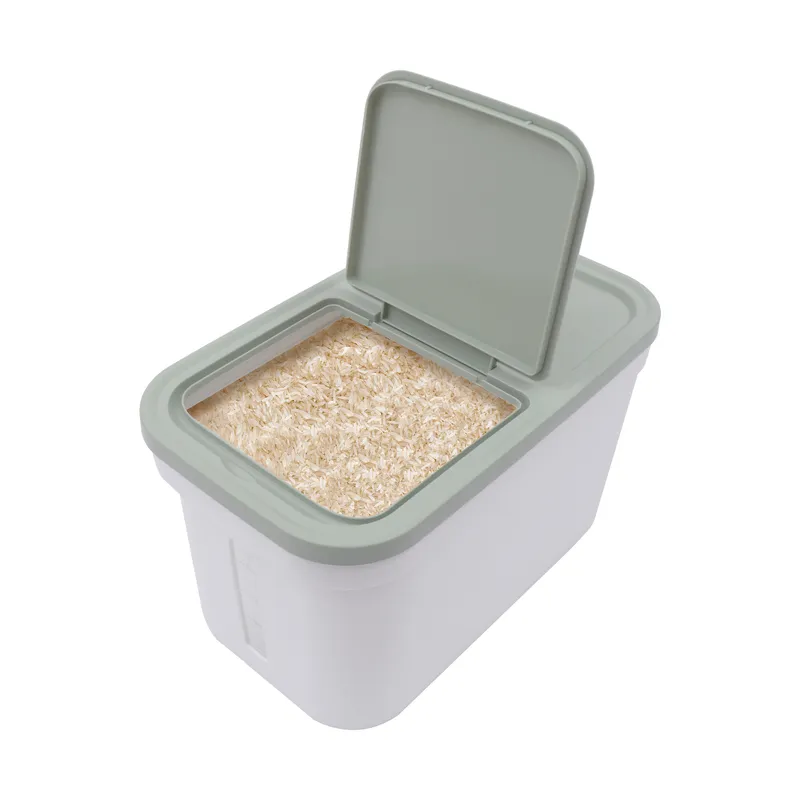 Rectangular rice storage container with a flap lid on a kitchen counter