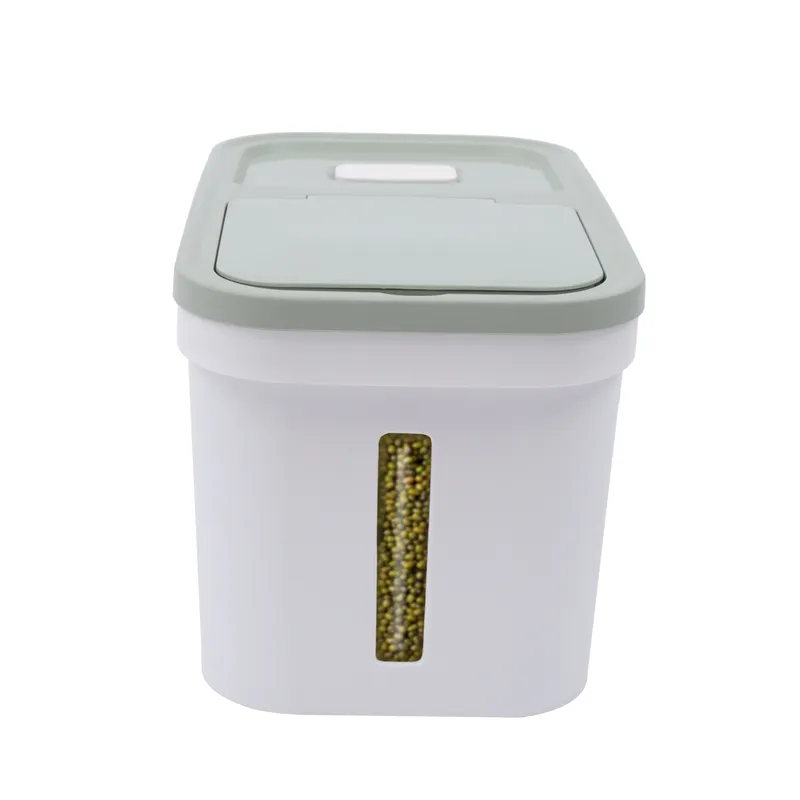 Rectangular rice storage container with a flap lid on a kitchen counter